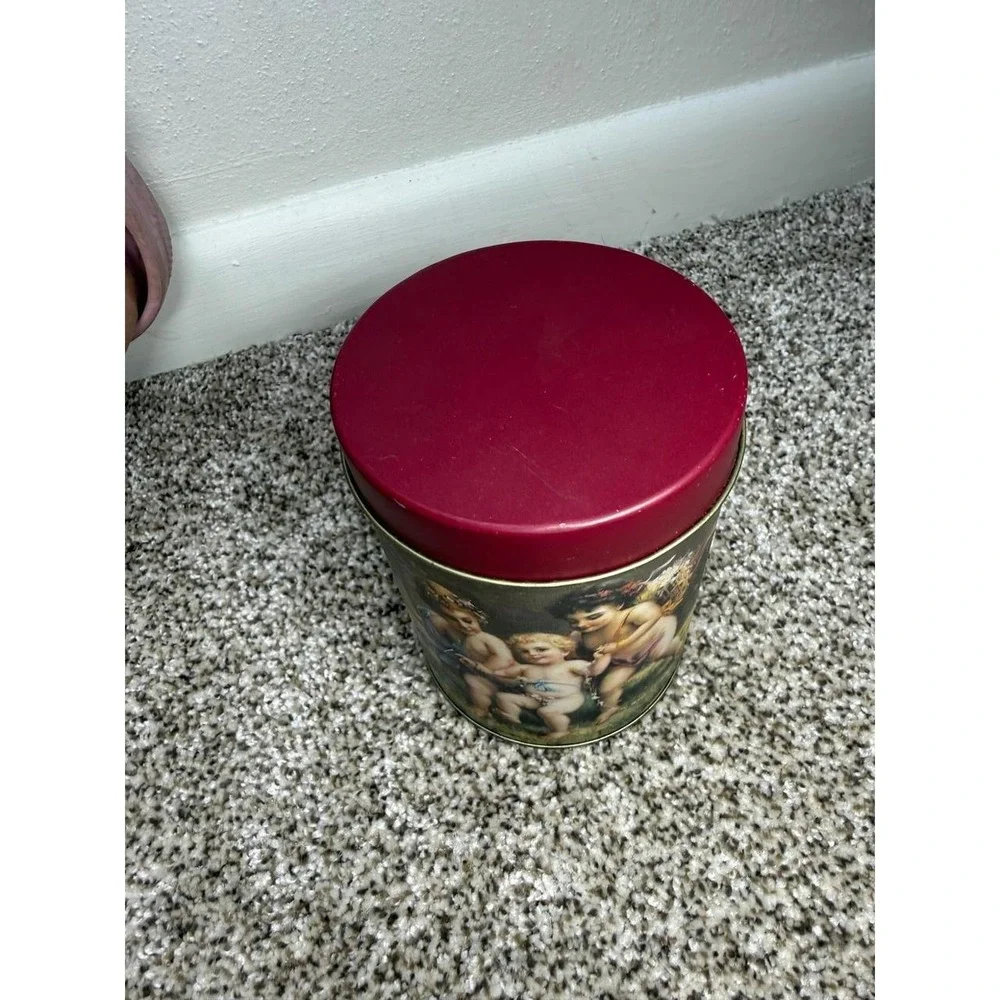 90s Vintage Cherub Angel Decorative Metal Tin Canister w Lid Victorian Style